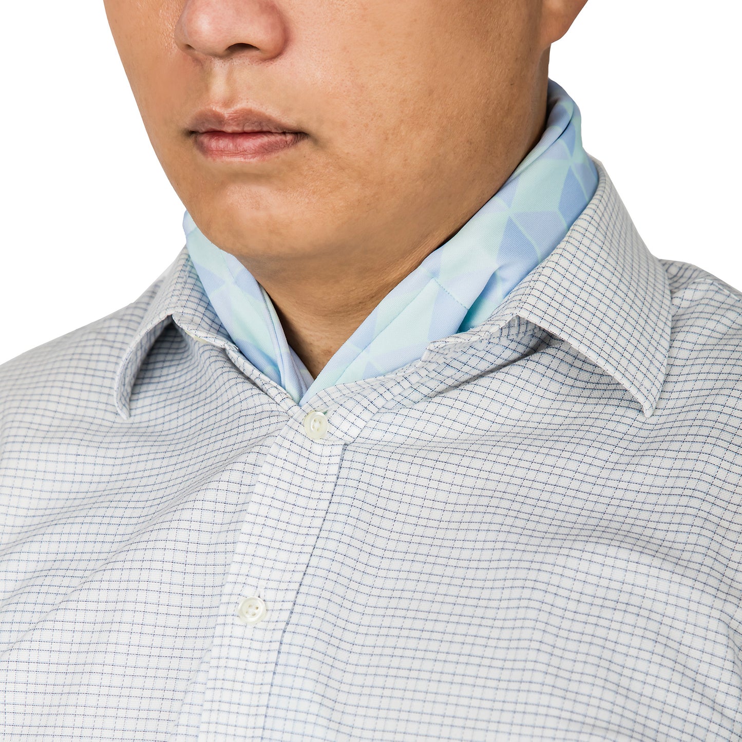 Cooling neck scarf worn discreetly under a dress shirt for hot-weather comfort