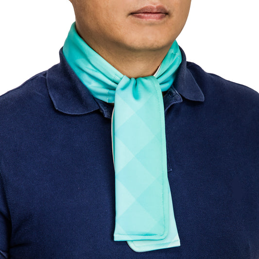 Cooling scarf peaks pattern worn over a polo shirt